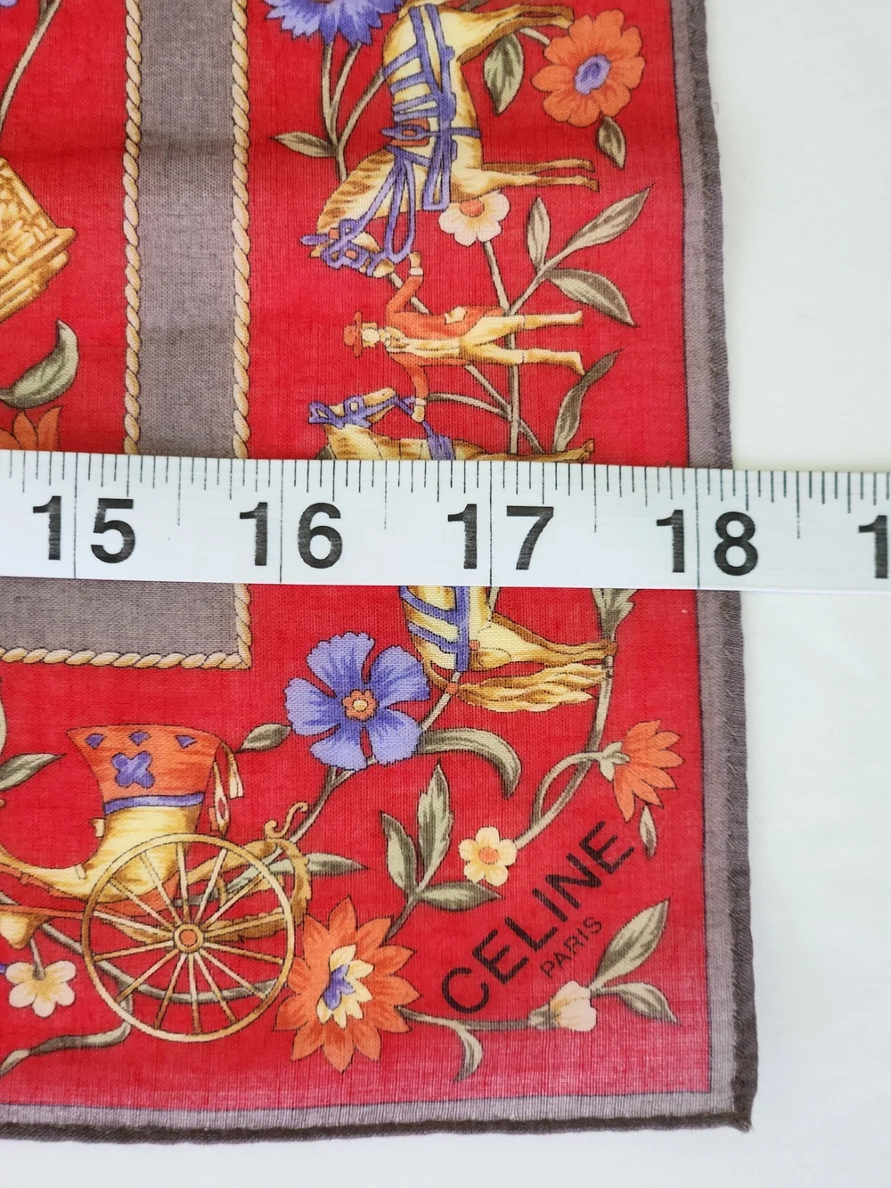 Vintage CELINE Paris Red Equestrian Carriage Cotton Handkerchief Scarf 18